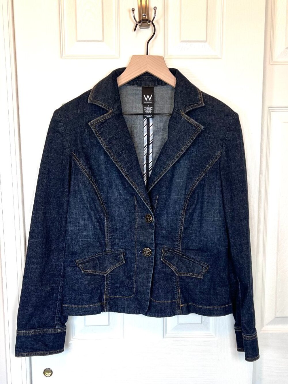 Denim Dark Wash Blazer With Anchor Buttons Size 8 Y2K Vibes Business Casual